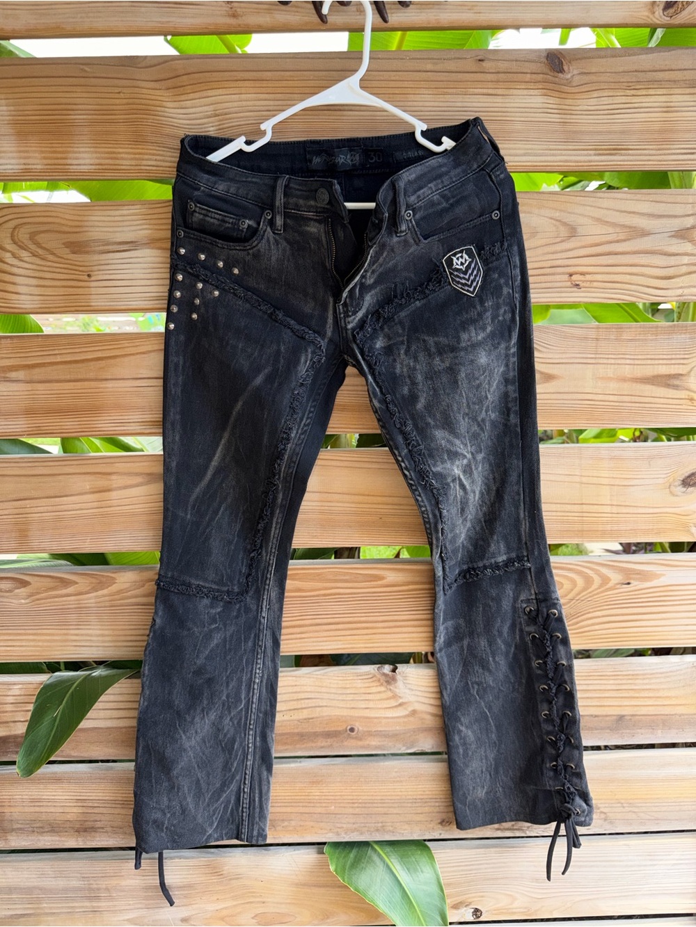 Wornstar Black Distressed Lace-Up Moto Jeans